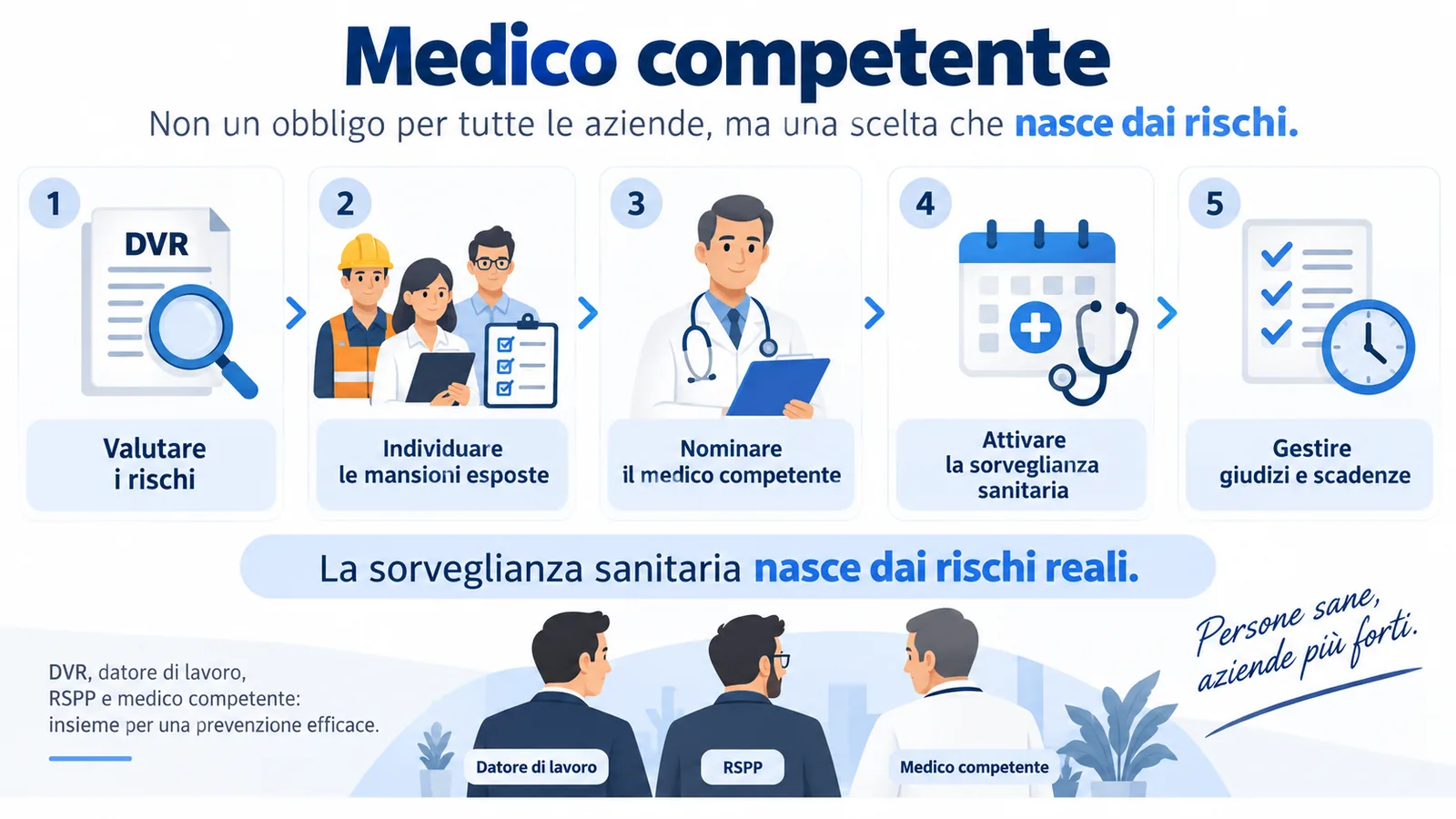 medico_competente_sorveglianza_sanitaria Infografica sul medico competente e sulla sorveglianza sanitaria, con focus su DVR, valutazione dei rischi, mansioni esposte, nomina, giudizi di idoneità e scadenze.