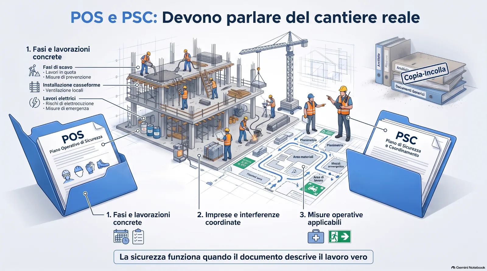 Infografica su POS e PSC nei cantieri, con focus su fasi di lavoro concrete, imprese coordinate, interferenze, planimetria di cantiere, misure operative applicabili e documenti coerenti con il lavoro reale.