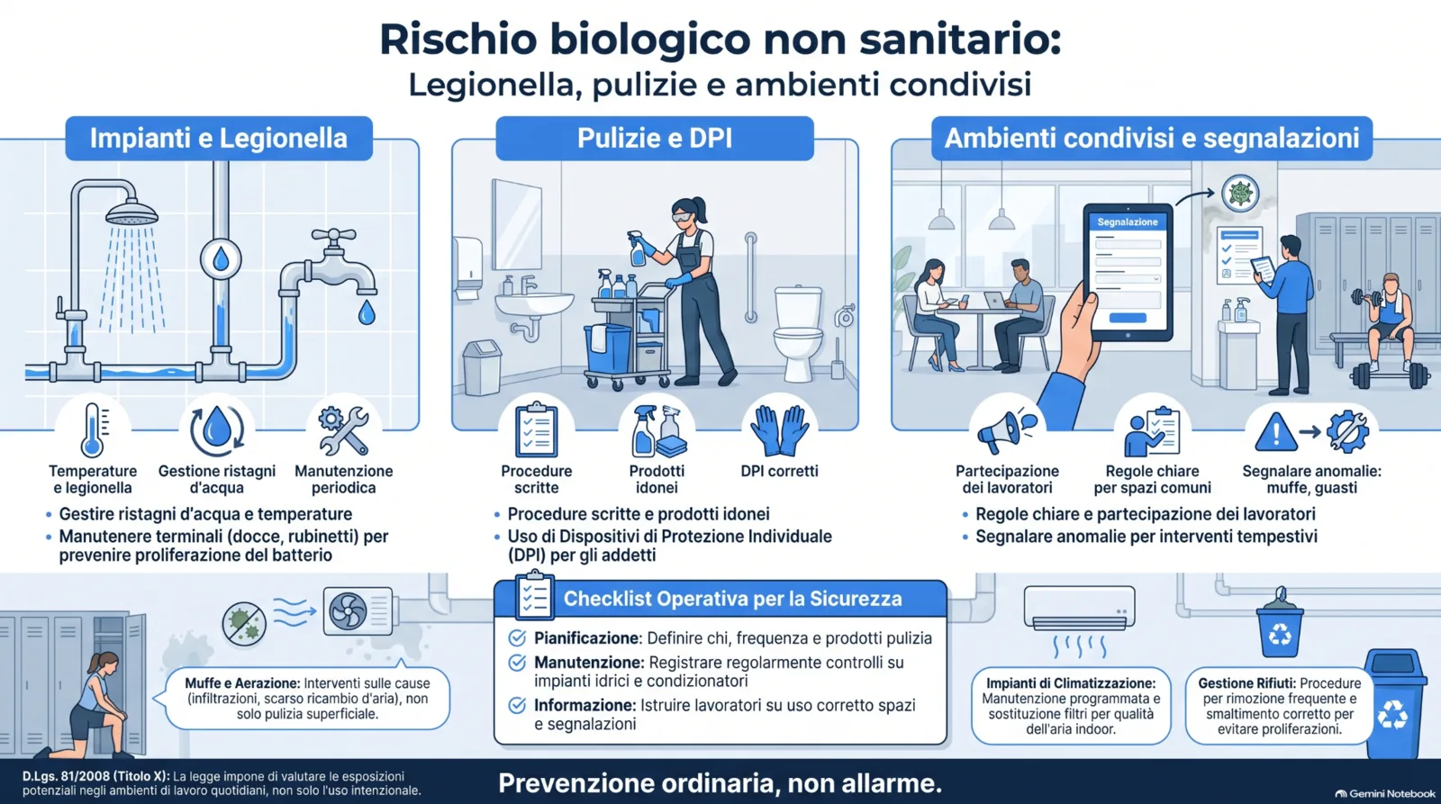 Infografica sul rischio biologico non sanitario nei luoghi di lavoro, con focus su Legionella, pulizie, DPI, ambienti condivisi, segnalazioni, manutenzione degli impianti e prevenzione ordinaria.