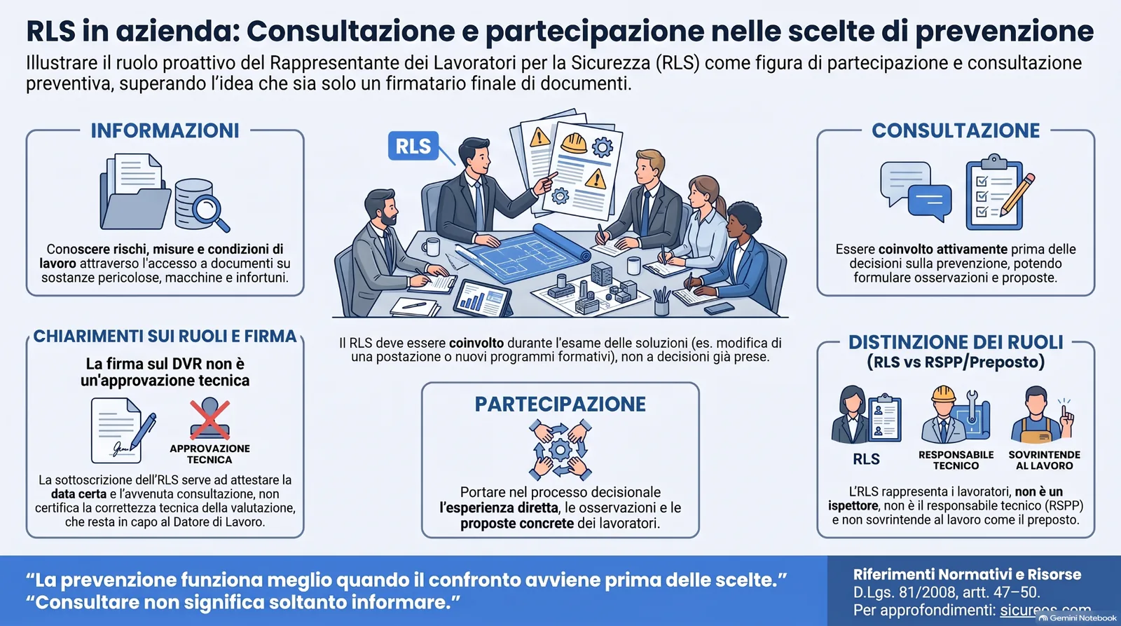 Infografica sul ruolo del RLS nella prevenzione aziendale, con focus su informazione, consultazione, partecipazione, firma del DVR, distinzione dei ruoli e confronto preventivo nelle scelte di sicurezza.