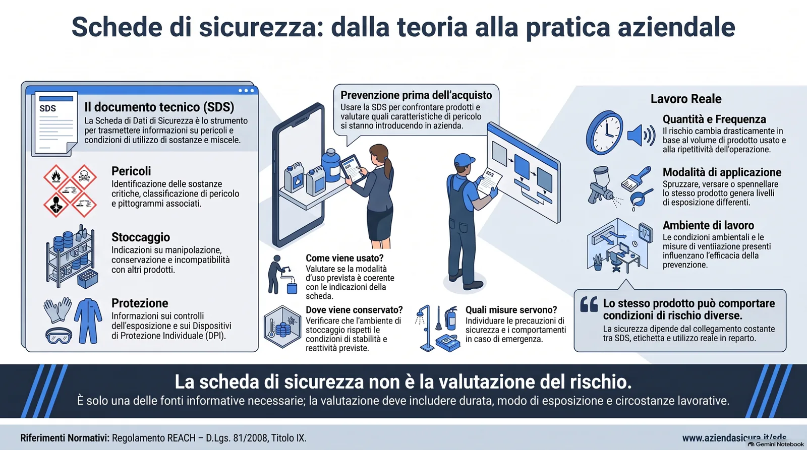 schede_sicurezza_sds_azienda Infografica sulle schede di sicurezza in azienda, con focus su SDS, pericoli, stoccaggio, DPI, prevenzione prima dell’acquisto, modalità d’uso, ambiente di lavoro e valutazione del rischio chimico.