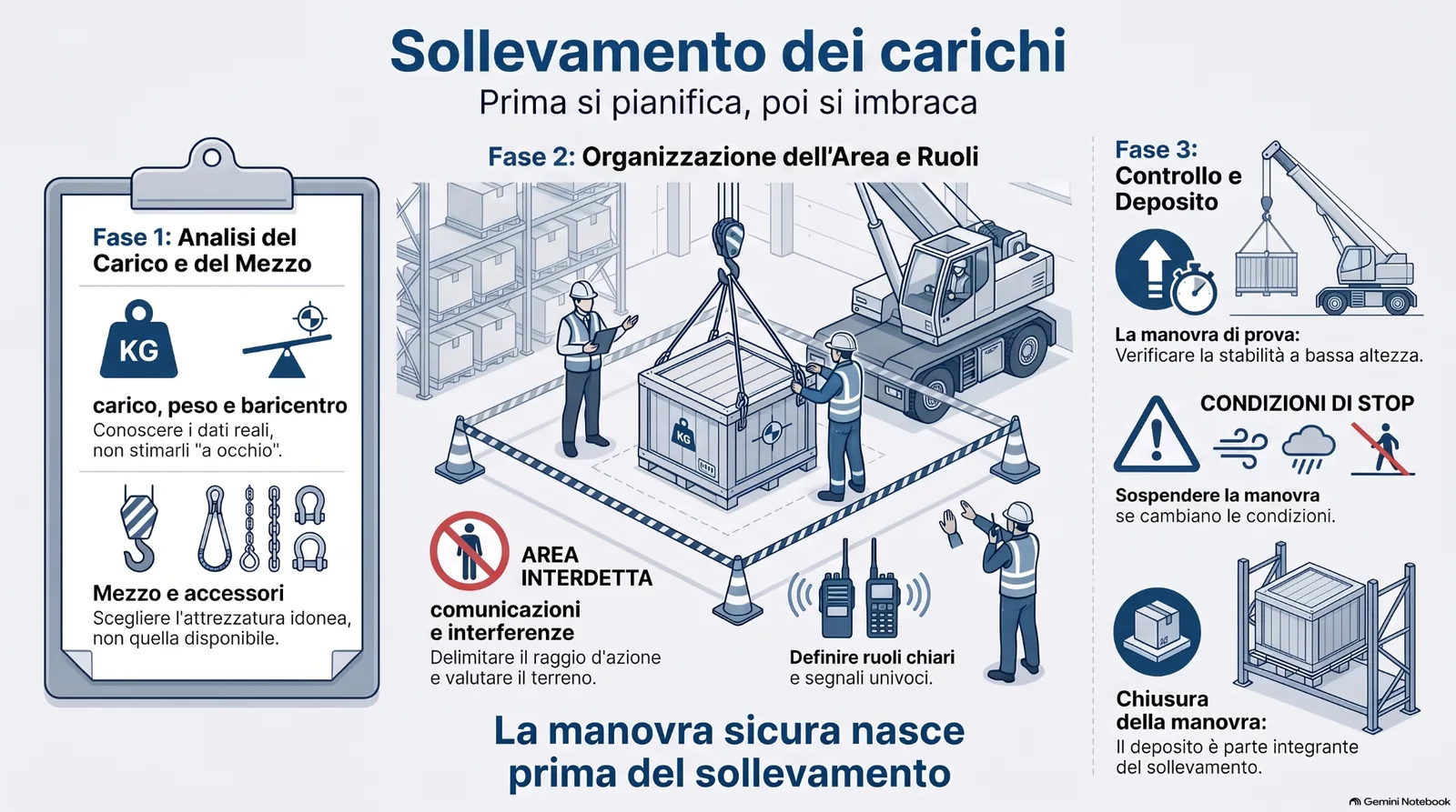 sollevamento_carichi_manovra_sicura Infografica sulla sicurezza nel sollevamento dei carichi, con focus su analisi del carico, scelta del mezzo, organizzazione dell’area, ruoli, comunicazioni, manovra di prova e condizioni di stop.