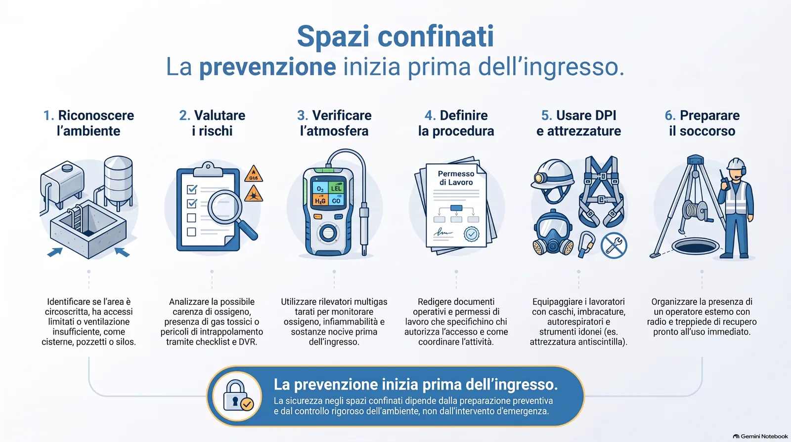 spazi_confinati_prevenzione_ingresso Infografica sulla sicurezza negli spazi confinati, con focus su riconoscimento dell’ambiente, valutazione dei rischi, verifica dell’atmosfera, permesso di lavoro, DPI, attrezzature e preparazione del soccorso.