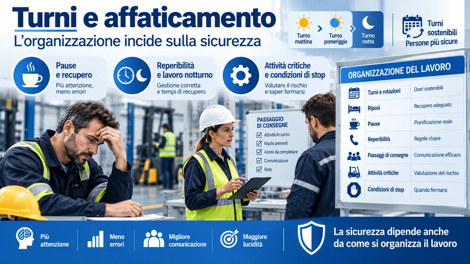 turni_affaticamento_sicurezza Infografica su turni e affaticamento nei luoghi di lavoro, con focus su pause, recupero, reperibilità, lavoro notturno, passaggio di consegne, attività critiche e organizzazione del lavoro.