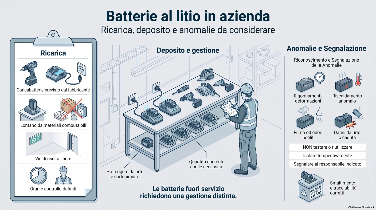 batterie_litio_azienda_ricarica_deposito Infografica sulle batterie al litio in azienda, con focus su ricarica, deposito, gestione delle anomalie, segnalazione, isolamento tempestivo, smaltimento corretto e prevenzione dei rischi.