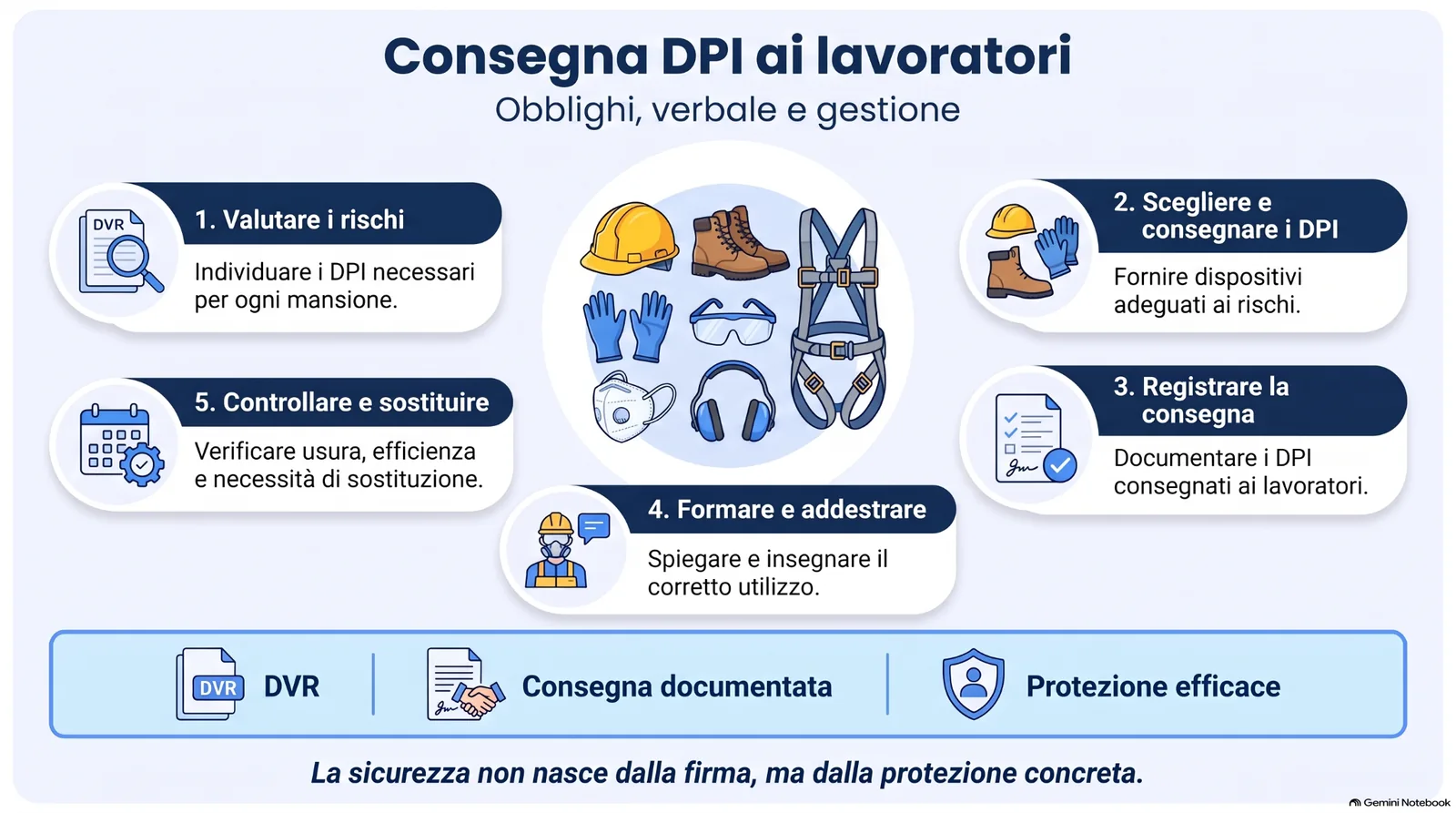 consegna_dpi_lavoratori Infografica sulle batterie al litio in azienda, con focus su ricarica, deposito, gestione delle anomalie, segnalazione, isolamento tempestivo, smaltimento corretto e prevenzione dei rischi.