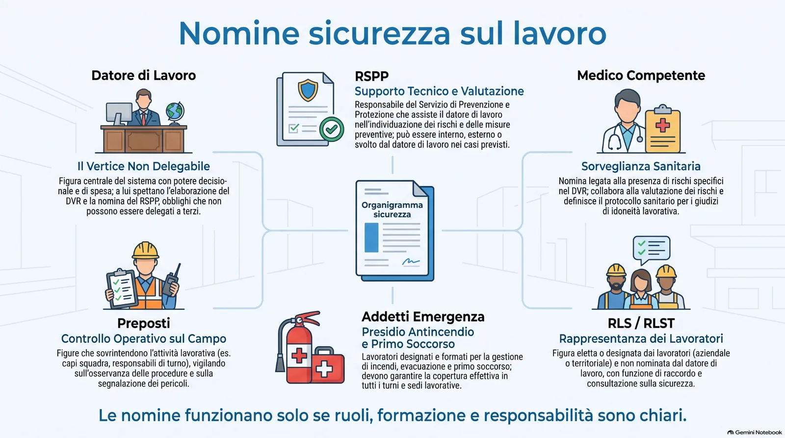 organigramma_sicurezza_lavoro Infografica sull’organigramma della sicurezza sul lavoro, con focus su datore di lavoro, RSPP, medico competente, preposti, addetti alle emergenze, RLS e chiarezza di ruoli, formazione e responsabilità.