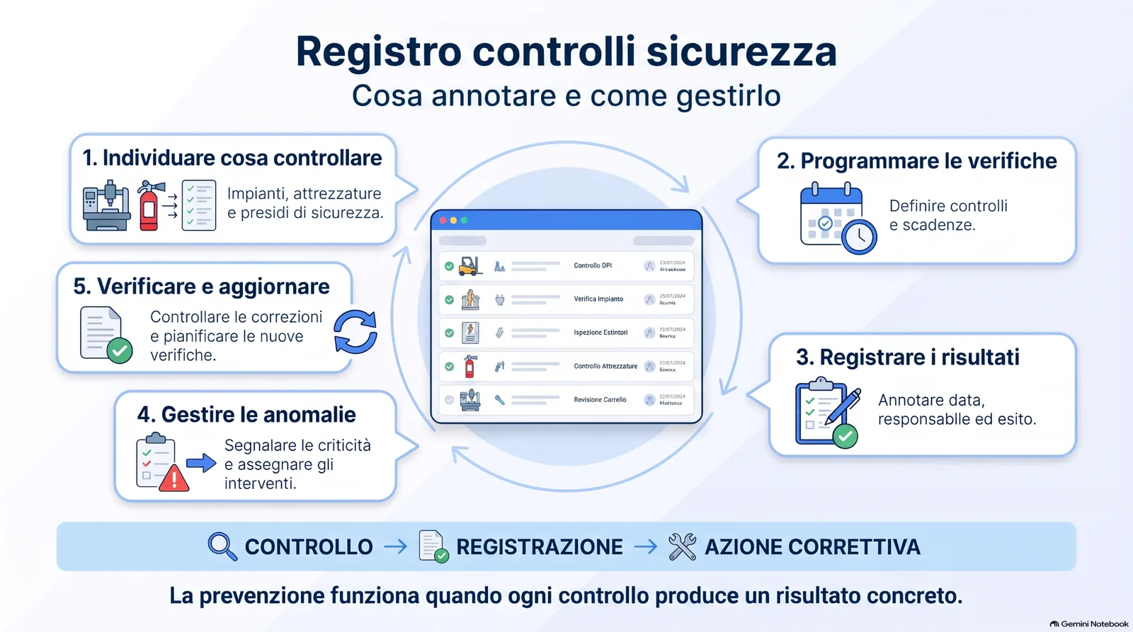 Infografica sul registro dei controlli di sicurezza sul lavoro, con focus su programmazione delle verifiche, registrazione dei risultati, gestione delle anomalie, azioni correttive e aggiornamento dei controlli.