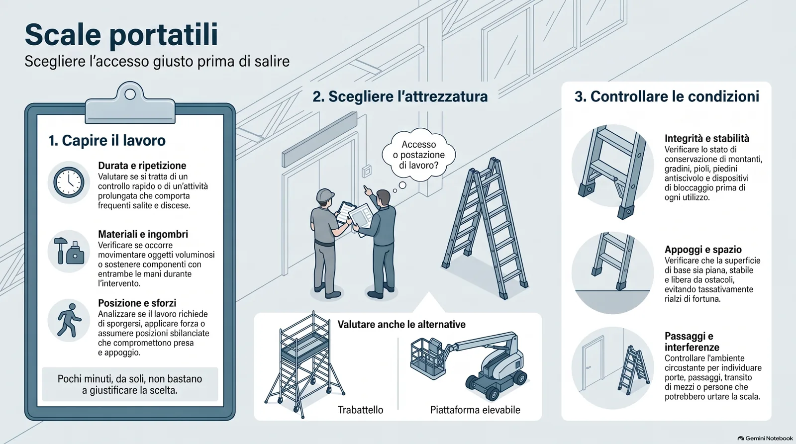 Infografica sulla sicurezza nell’uso delle scale portatili, con focus su scelta dell’accesso corretto, durata del lavoro, materiali da movimentare, stabilità della scala, appoggi, spazio disponibile e possibili alternative come trabattello o piattaforma elevabile.