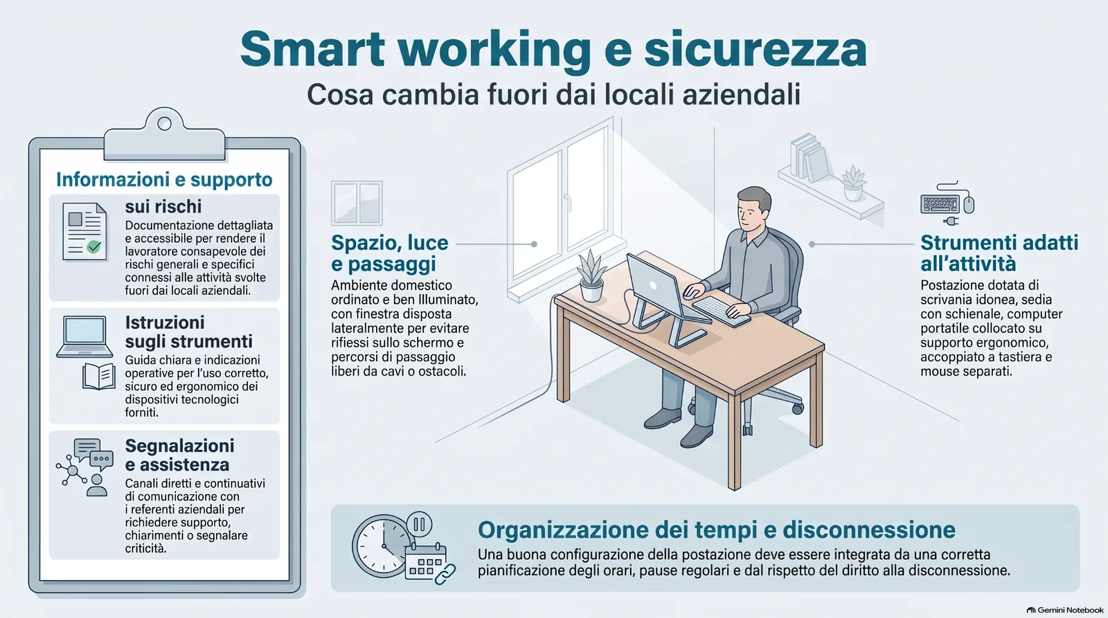 Infografica su smart working e sicurezza, con focus su informazioni sui rischi, istruzioni operative, segnalazioni, postazione domestica, strumenti adeguati, organizzazione dei tempi e diritto alla disconnessione.